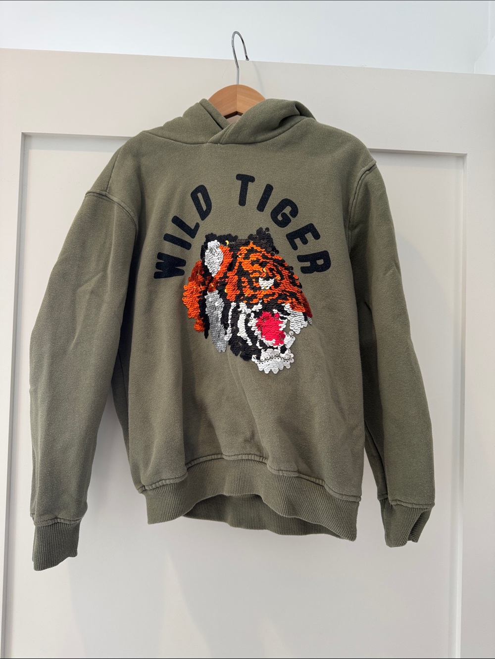 Zara Olive Green Hoodie with Embroidered Tiger Graphic